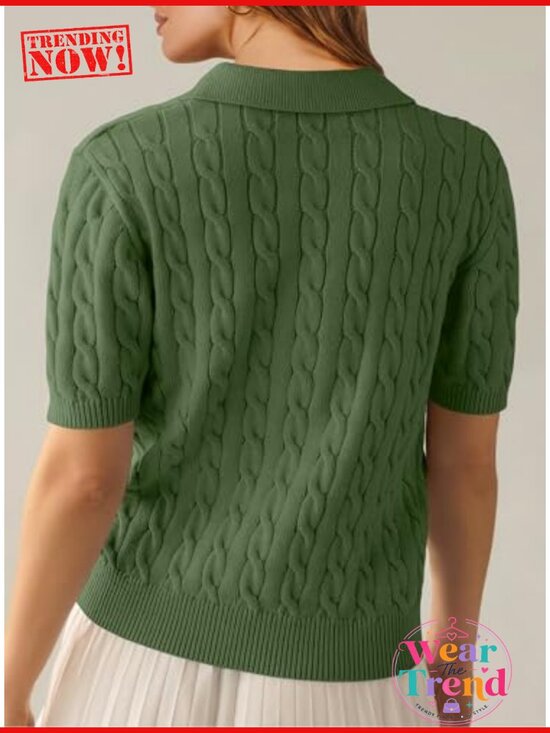 Sweaters - Womens Short Sleeve Cable Knit Polo Sweater Loose Fit V-Neck Pullover